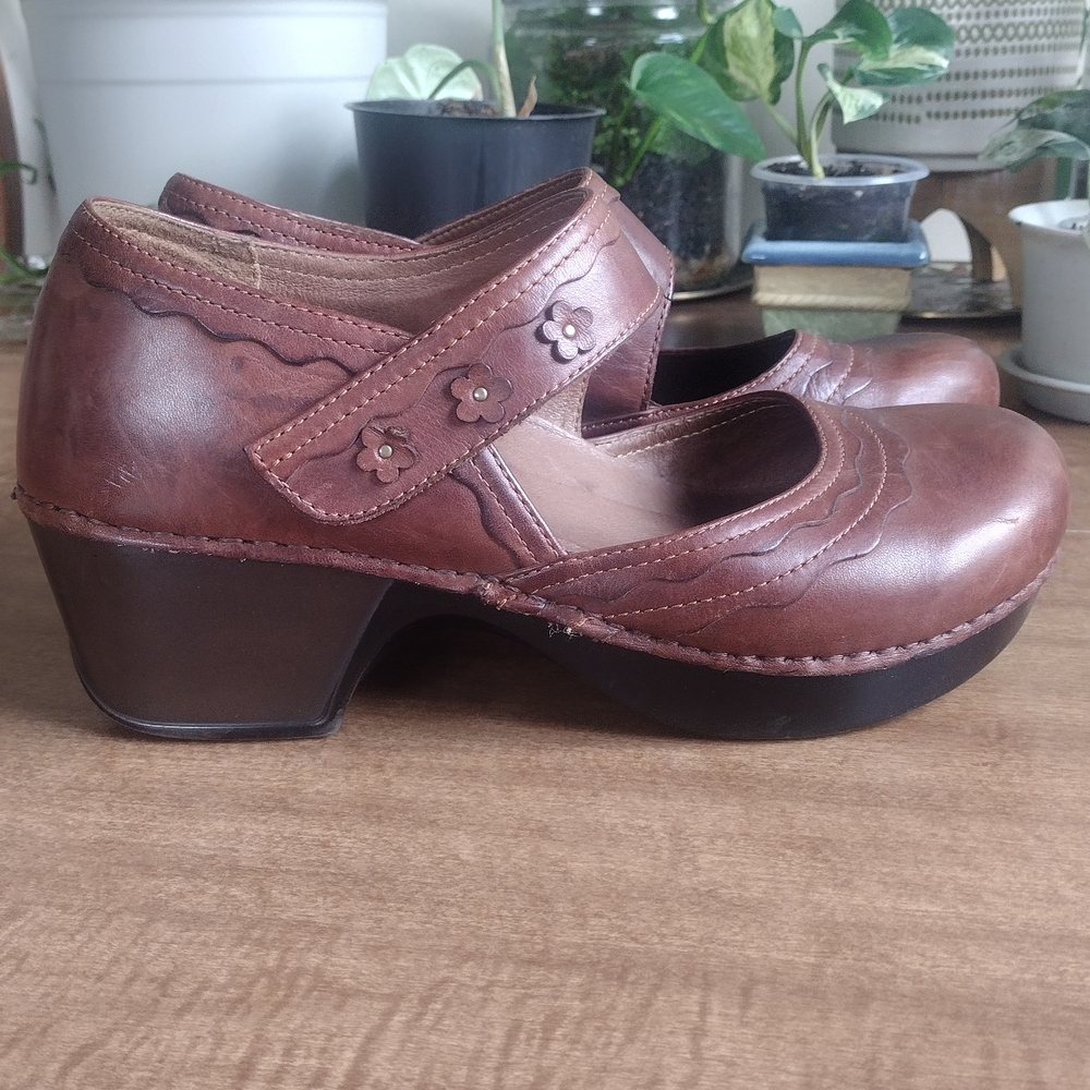 Dansko Brown Leather Mules with Floral Accents
